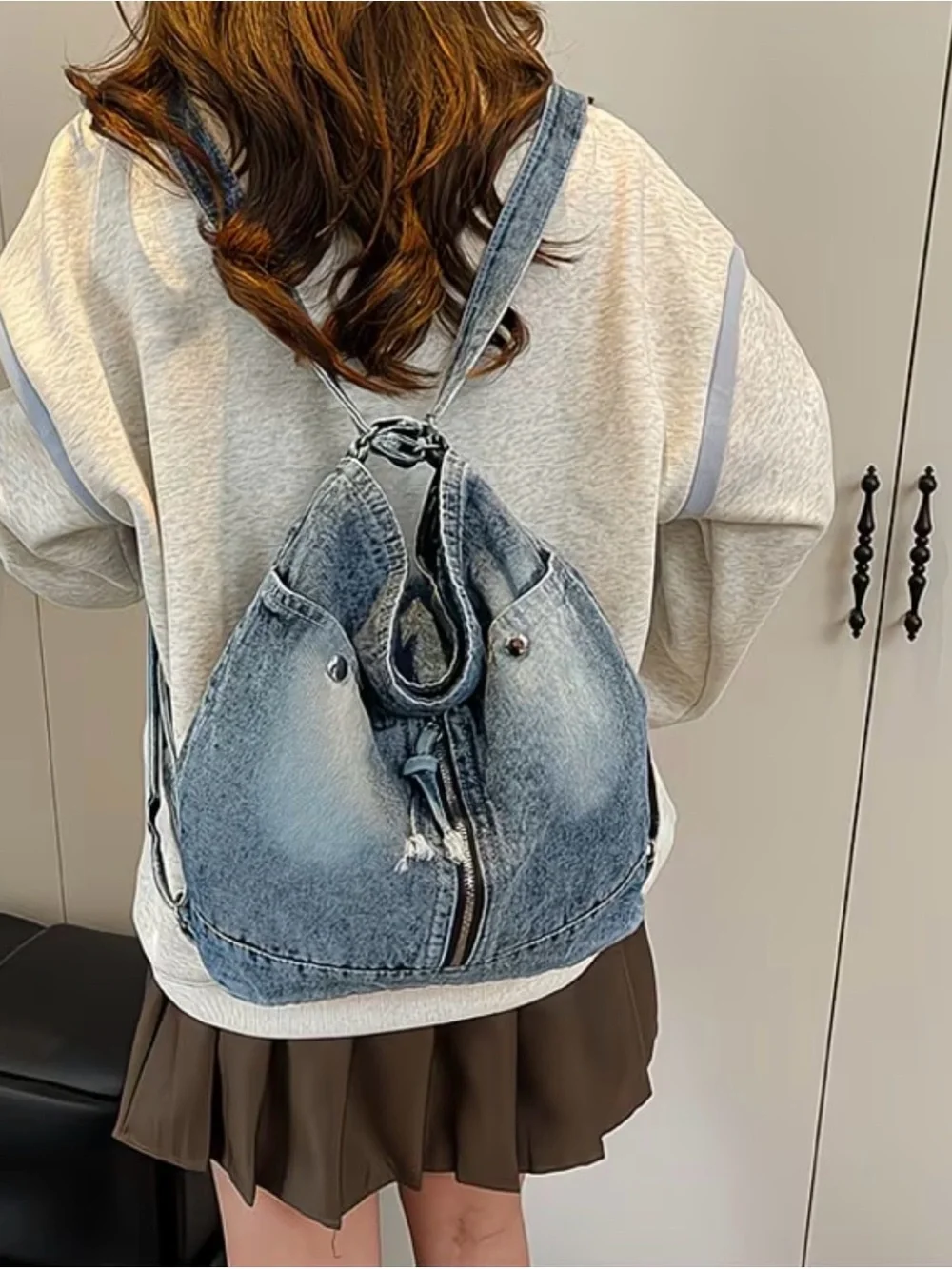 Casual Denim Hobo Bag - Light Blue
